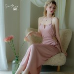 Rose Ruosi Smooth Satin Open Back Seduction Hanging Neck Comfortable Long French Suspended Sleeping Dress Home Suit Set Q2750