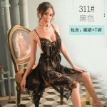 Guiruo high-end European and American large size seductive sexy lingerie with side slit lace suspender pajamas for women's transparent and fun pajamas