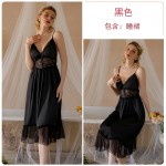 Guiruo Sexy Plus Chest Cushion Long Gathering Pajama Mesh Perspective Sling Dress Outer Robe Home Suit Set J3439