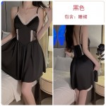 Guiruo Satin Low Neck Deep V with Chest Cushion Sweet Lace Perspective Pure Desire Sleeping Dress Outer Robe Home Suit Set J2699