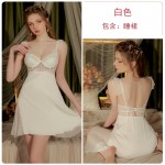 Guiruo Satin Combination Yarn Perspective Lace and Chest Cushion Sexy Open Back Sleeping Dress Silk Smooth Outer Robe Home Suit Set 2703