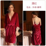 Guiruo Brand French Temperament Sexy Suspended Sleeping Dress Deep V Open Back Velvet Robe Cardigan Home Suit Set 588