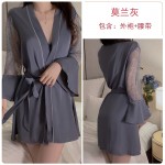 Ruo Ruo Sweet Lace Deep V with Chest Pads Sexy Open Back Silk Smooth Satin Nightgown Outer Robe Home Suit Set 1170