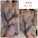 Guiruo French Lace Perspective Mesh Deep V Temptation with Chest Cushion Satin Nightgown Outrobe Home Suit Set J3134