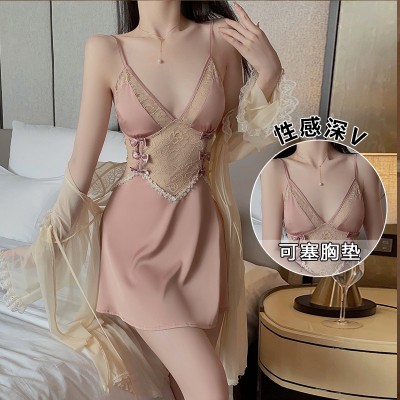 Guiruo Sexy Backless Temptation Ice Silk Pajamas with Chest Pads Gathered Strap Sleeping Skirt Outer Robe Home Suit Set 1667