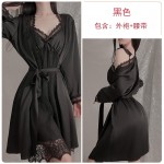 Guiruo Satin Embroidered Lace V-Neck Flying Sleeves Sexy Sleeping Dress Simple and Comfortable Outer Robe Women's Home Furnishing Set 1574