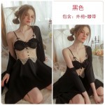 Guiruo Satin Mesh Perspective Lace Chest Cushion Sexy French Suspender Sleeping Dress Comfortable Robe Home Set 3141