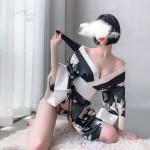 Guiruo Fun Lingerie Uniform Temptation Open Front Printed Japanese Bow Big Cuffs Kimono Sexy Set 693