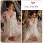 Guiruo Lingerie Sexy Mesh Deep V with Chest Pad Bow Tie up Princess Style Pajama Home Suit Set 3181