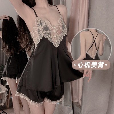 Guiruo Brand Sexy Backless Temptation Lace Embroidery Strap Top Shorts Women's Home Furnishing Set Replacement 2196