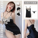 Guiruo Fun Underwear Sexy Deep V Satin Patch Lace Side Split Sleeping Dress Home Suit Set 936