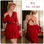 Guiruo Brand Sexy French Deep V Open Back Mesh Suspended Sleeping Dress Lace up Outer Robe Women's Homewear Set 1984