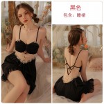 Guiruo Sexy Backless Temptation Ice Silk Pajamas with Chest Pads, Suspended Skirt, Mesh Outer Robe, Home Suit Set J3182