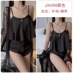 Guiruo Sexy Satin Hollow Lace Retro Plate Buckle Suspender Top Shorts Mesh Outer Robe Home Set 3383