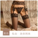 Guiruo Fun Lingerie Sexy Lace Perspective Temptation Bow Tie garter Belt Silk Socks One Size Uniform Set 8096