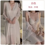 Guiruo French Lace Perspective Mesh Deep V Temptation with Chest Cushion Satin Nightgown Outrobe Home Suit Set J3134