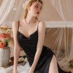 Guiruo Summer Simple Thin Ice Silk Pajamas Retro Plate Buckle Split Sling Sleeping Dress Women's Home Suit Set 3445