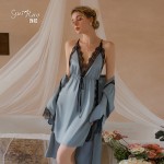 Guiruosi Smooth Satin Sexy Deep V Lace Lace Lace Waist High Split Sleeping Skirt Outer Robe Home Suit Set 19151