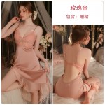 Guiruo Ice Silk Pure Desire Wind Hanging Pajama Dress Sexy Lace Pajamas Women's Thin Sleepgown Home Suit Set 3372