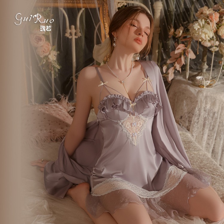 Guiruo satin patchwork mesh sexy hollow open back with chest pad, steel ring suspender, nightgown, outerwear, home suit 3230