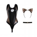 Guiruo Fun Lingerie Sexy Lacquer Leather Temptation Hidden Buckle Open Range Bodysuit Leopard Print Cat Girl Uniform Set 2321