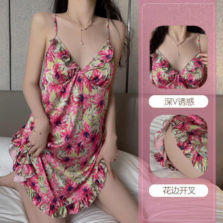 Guiruo Sexy Deep V Plus Chest Cushion Open Back Seduction High Split Printed Satin Sling Home Sleeping Dress Set 3762