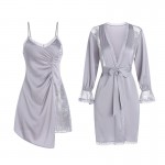 Ruo Ruo Spring and Summer Wrinkles Show Slim Weight with Chest Pads Gathered Ice Silk Comfortable Sling Sleeping Dress Outer Robe Home Suit Set 3156