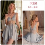 Rose Ruosi Smooth Satin Lace Perspective Deep V Open Back Temptation Sling Sleeping Dress Outrobe Women's Home Set J2413