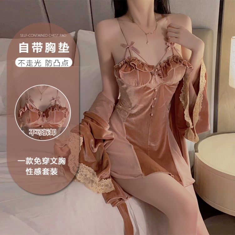 Guiruo Velvet Low Chest V-Neck with Chest Pads Gathered and Collared, Perspective Lace Sleeping Dress, Outer Robe, Home Suit Set 2953