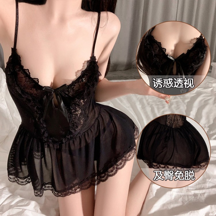 Guiruo Spring/Summer Fun Lingerie Sexy No Take Off Pajamas Deep V Lace Suspended Nightwear Women's Home Furnishing Set 2216