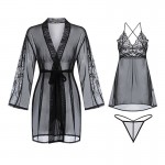 Guiruo Fun Lingerie Sexy Mesh Perspective Solid Color Pajamas Open Back Suspended Dress Outer Robe Home Suit Set 2131