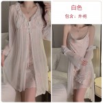 Guiruo Pure Desire Fragmented Flowers, Ice Silk, Pleated Collar, Showing Chest, Light Luxury Sleeping Dress, Mesh Outer Robe, Women's Home Set 3801