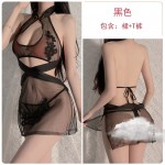 Guiruo Brand Fun Underwear Satin Standing Neck Hollow Perspective Qipao Temptation Split Sleeping Dress Uniform Set 258