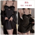 Rose like satin surface with chest pad and ear edge, sweet and seductive lace patchwork nightgown, outer robe, home suit set P3143