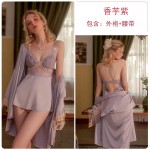 Guiruo Deep V Low cut Hollow Mesh Perspective Lace Hanging Sleeping Dress Comfortable Outer Robe Women's Home Suit Set 2697