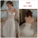 Ruo Ruo Solid Satin Face and Chest Cushion Lace Hollow Split Temptation Sling Home Long Sleeping Dress Women's Set J3036