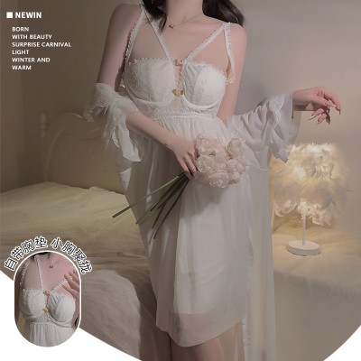 Guiruo Sexy Mesh Splice Lace Flower Decoration Hollow out with Chest Cushion Sleeping Skirt Outer Robe Home Suit Set 2644