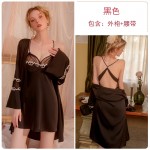 Guiruo Brand Sexy French Deep V Open Back Mesh Suspended Sleeping Dress Lace up Outer Robe Women's Homewear Set 1984