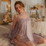 Guiruo Sexy Satin Patch Lace Side Waist Strap Seduction Hollow out Hanging Strap Sleeping Dress Outer Robe Home Set 542