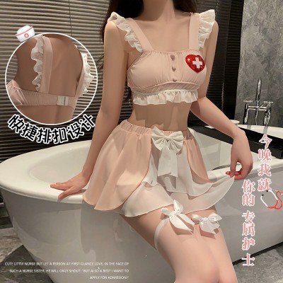 Guiruo Sexy Hollow out Mesh Spliced Short Skirt COS Cute Nurse Uniform Fun Set 3137