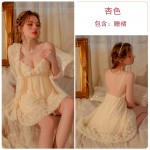 Guiruo Sexy Deep V Flower Decoration Princess Style Mesh Sleeping Dress Buckle Outer Robe Women's Home Suit Set P2865