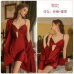 Guiruo Sexy Pajamas European and American Suspended Dress Open Back Deep V Satin Casual Comfortable Outer Robe Home Suit Set 1912