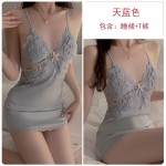 Guiruo Sexy Satin Lace Deep V with Chest Pads Cross Back Suspended Sleeping Dress Outer Robe Home Suit Set 1170