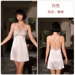 Guiruo Sexy Deep V Satin Patch Lace Perspective Open Back Suspended Sleeping Dress Lace up Outer Robe Home Suit Set 780