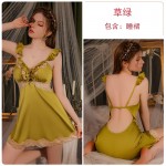 Guiruo Satin Lace Lace Strap and Chest Cushion Deep V Open Back Sweet Flying Sleeves Nightgown Home Suit Set 3246