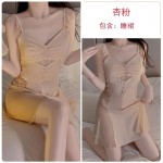 Guiruo Sexy V-neck Low cut gathered and padded with Sweet Lace Perspective Temptation Sleeping Dress Outer Robe Home Suit J3123