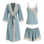 Guiruo Brand Sexy Hot Deep V Satin Lace Suspender Shorts Lace up Outer Robe Nightgown Home Suit Set 992