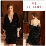 Guiruo Brand Sweet Lace Comfortable Nightwear Velvet Suspender Nightwear Outer Robe Solid Color Women's Home Fur Set 588