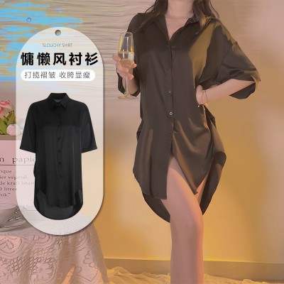 Guiruo Fashion Pleated Shirt Style Lapel Loose and Comfortable Large Boyfriend Style Satin Women's Sleeping Dress Home Suit 3685