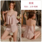 Guiruo Summer New Satin Open Back Lace Up Loose Top Sexy Lace up Temptation Shorts Two Piece Set 3383